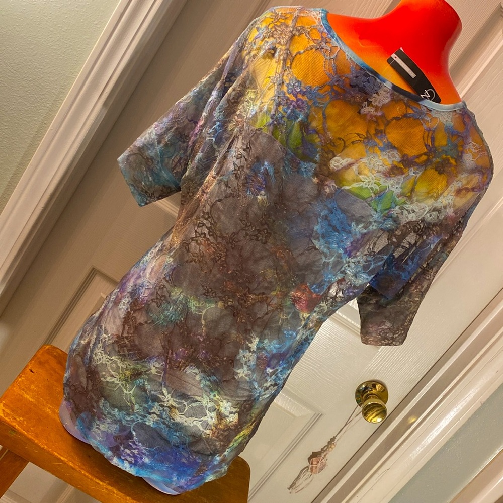 NEW DIRECTIONS Blue Combo Mesh Fun Sheer Top NWTs - Picture 8 of 11